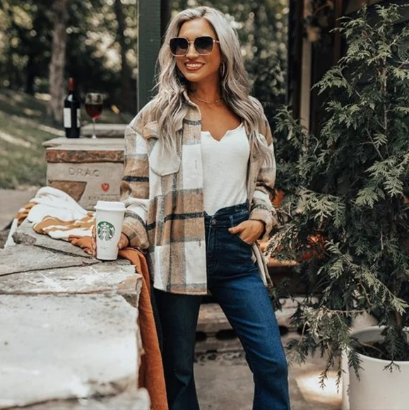 NEW Cozy Retro 70's Flannel Plaid Shacket Top Jacket Brown Tan White Gray - Picture 4 of 14